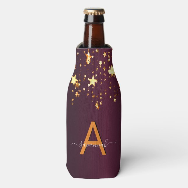 Burgundy gold stars party monogram name bottle cooler (Bottle Front)