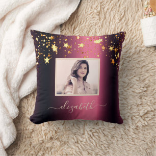Burgundy gold stars photo name cushion