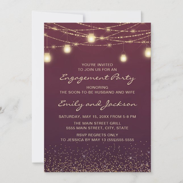 Burgundy Gold String Lights Engagement Party Invitation (Front)
