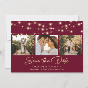 Burgundy Gold String Lights Photo Collage Wedding Save The Date