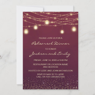 Burgundy Gold String Lights Rehearsal Dinner Invitation