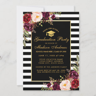 Burgundy Gold Striped Graduation Party Invitation