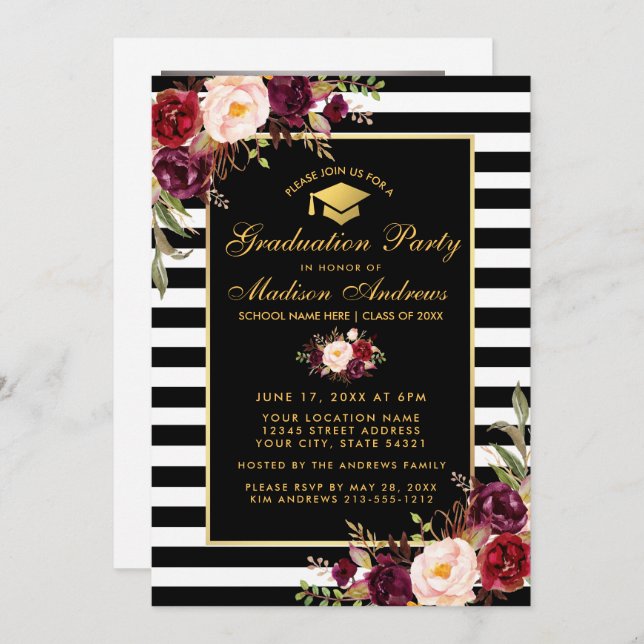 Burgundy Gold Striped Graduation Party Photo Back Invitation (Front/Back)