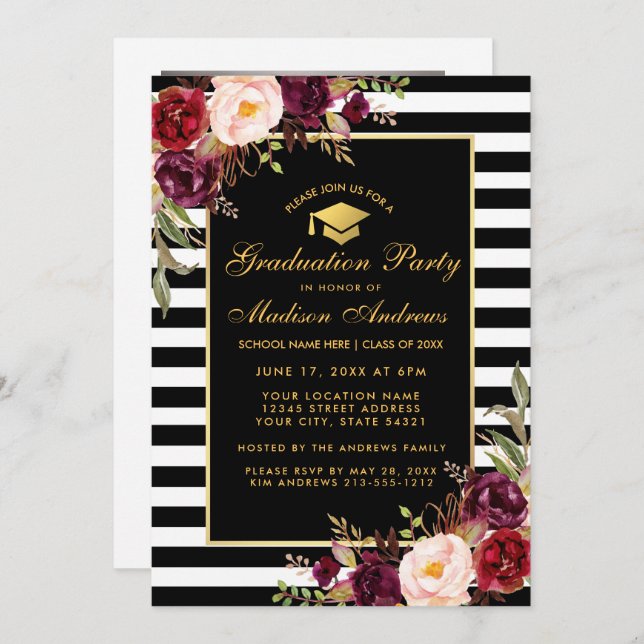 Burgundy Gold Striped Graduation Party Photo Back Invitation (Front/Back)
