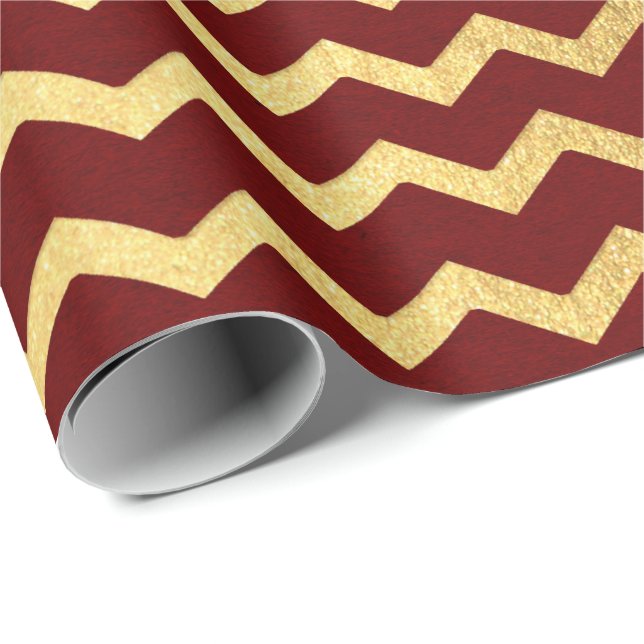 Burgundy Gold Stripes Lines Zig Zag Chevron Wrapping Paper (Roll Corner)