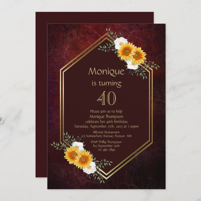 Burgundy Gold Sunflower Floral 40th Birthday Party Invitation (Front/Back)
