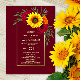 Burgundy Gold Sunflower Red Rose Wedding Invitation