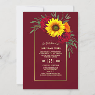 Burgundy Gold Sunflower Red Rose Wedding Reception Invitation