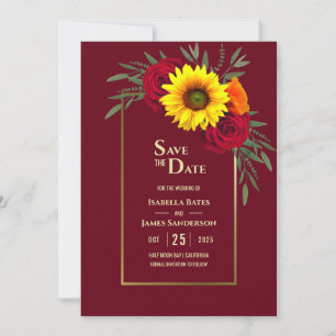 Burgundy Gold Sunflower Red Rose Wedding Save The Date