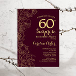 Burgundy Gold Surprise 60th Birthday Party Invitation<br><div class="desc">Burgundy Gold Floral Surprise 60th Birthday Party Invitation. Minimalist modern maroon design featuring botanical accents and typography script font. Simple floral invite card perfect for a stylish female surprise bday celebration. Can be customised to any age.</div>