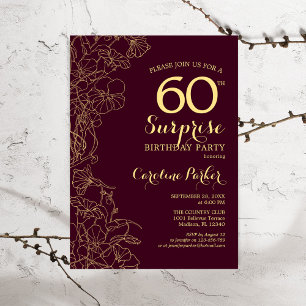 Burgundy Gold Surprise 60th Birthday Party Invitation