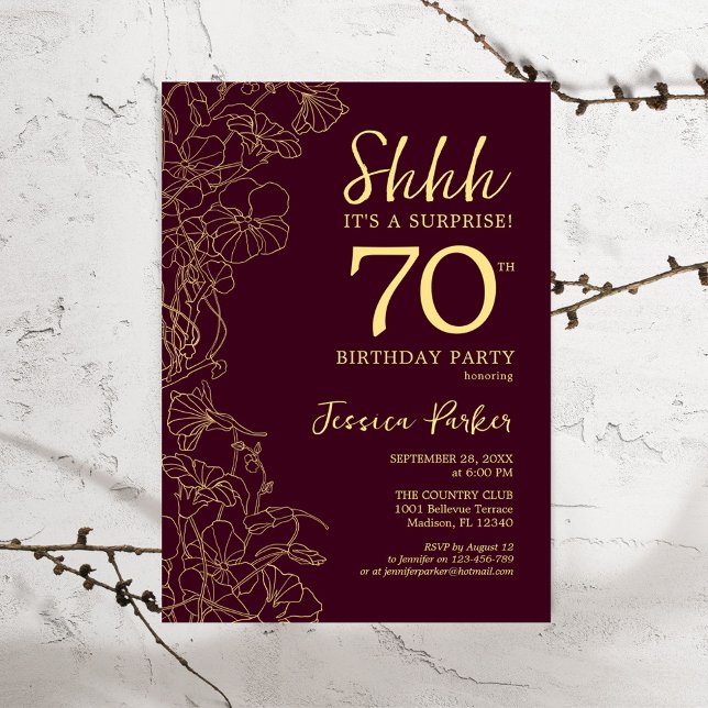 Burgundy Gold Surprise 70th Birthday Invitation (Creator Uploaded)