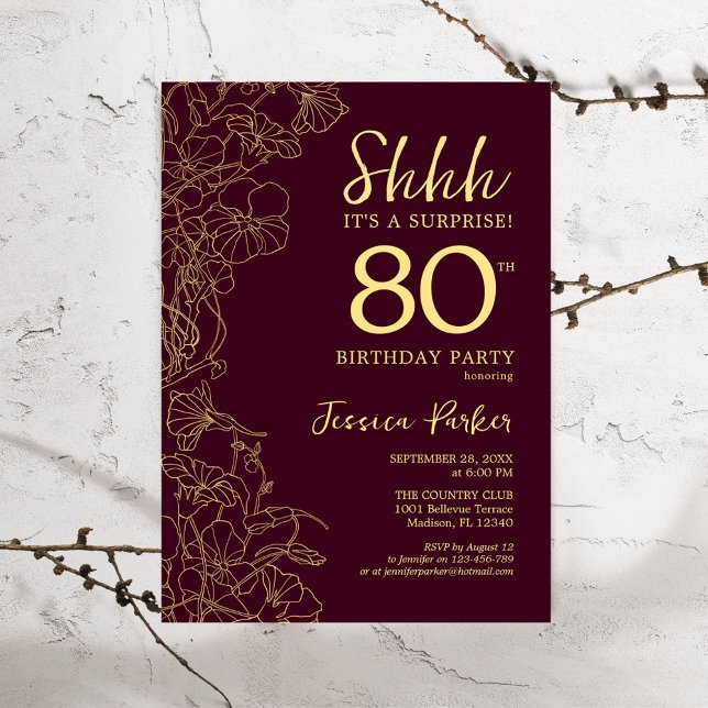 Burgundy Gold Surprise 80th Birthday Invitation (Creator Uploaded)
