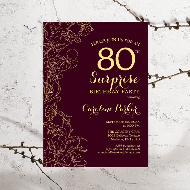 Burgundy Gold Surprise 80th Birthday Party Invitation (Creator Uploaded)
