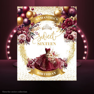 Burgundy Gold Sweet 16 Banner with Glitter Balloon Tapestry