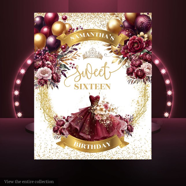 Burgundy Gold Sweet 16 Banner with Glitter Balloon Tapestry (Burgundy Gold Sweet 16 Banner with Glitter Balloons)