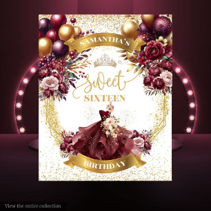 Burgundy Gold Sweet Sixteen Banner Balloons Glitte Tapestry