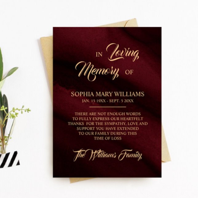 Burgundy & Gold Sympathy Memory Thank You Card (Creator Uploaded)