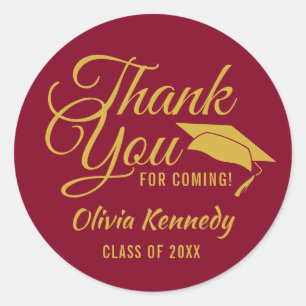 Burgundy Gold Thank You Graduation Party Favour Classic Round Sticker