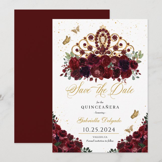 Burgundy & Gold Tiara Save The Date Quinceañera Invitation (Front/Back)