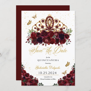 Burgundy & Gold Tiara Save The Date Quinceañera Invitation