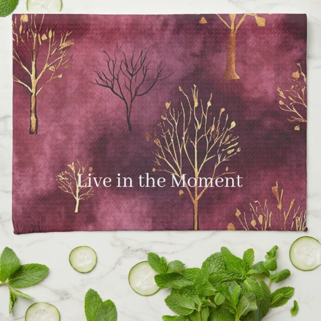 Burgundy Gold Trees Tea Towel (Folded)