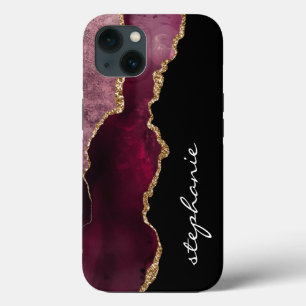 Burgundy Gold Watercolor Agate Personalised iPhone 13 Case