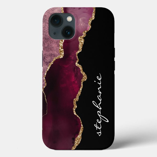 Burgundy Gold Watercolor Agate Personalised Case-Mate iPhone Case (Back)
