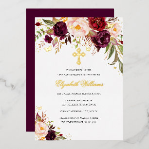 Burgundy Gold Watercolor Baptism Floral Girl