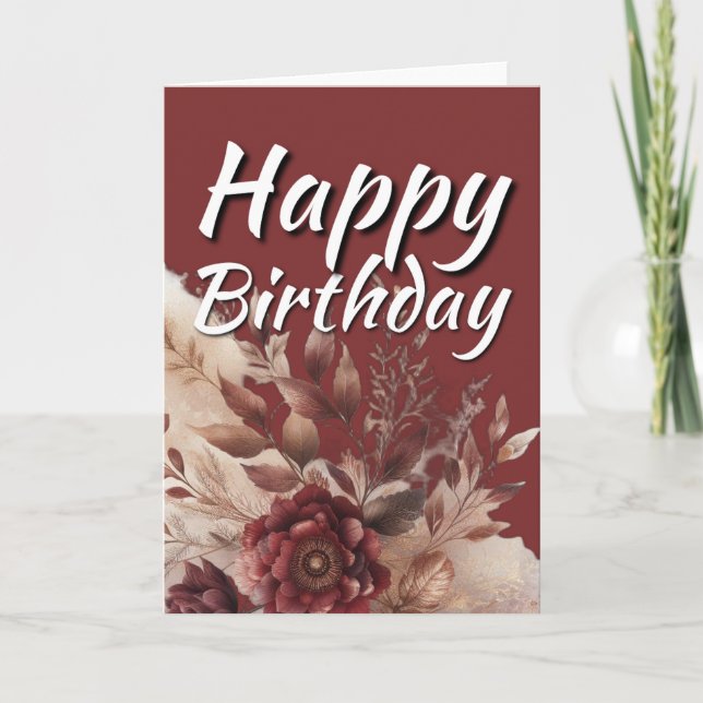 Burgundy Gold Watercolor Floral Happy Birthday Card (Front)
