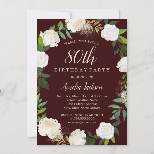 Burgundy Gold Watercolor Wreath 80th Birthday Invitation (Front)