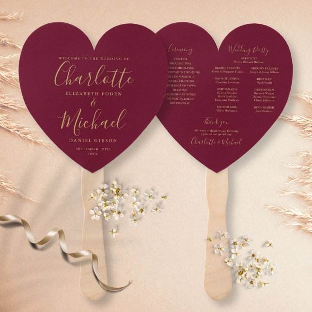 Burgundy Gold Wedding Program Heart Hand Fan (Creator Uploaded)