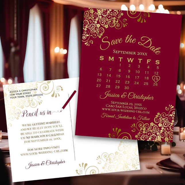 Burgundy & Gold Wedding Save the Date Calendar Announcement Postcard (Front/Back)