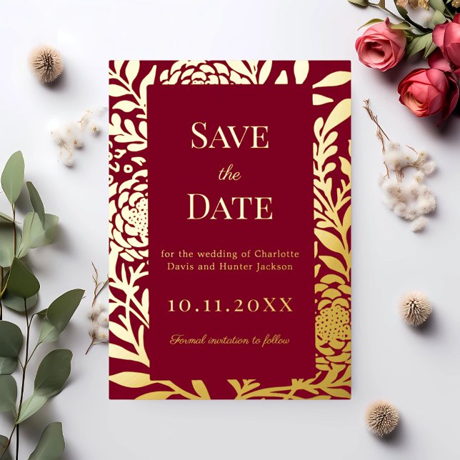 Burgundy gold wedding Save the Date foil card (Creator Uploaded)
