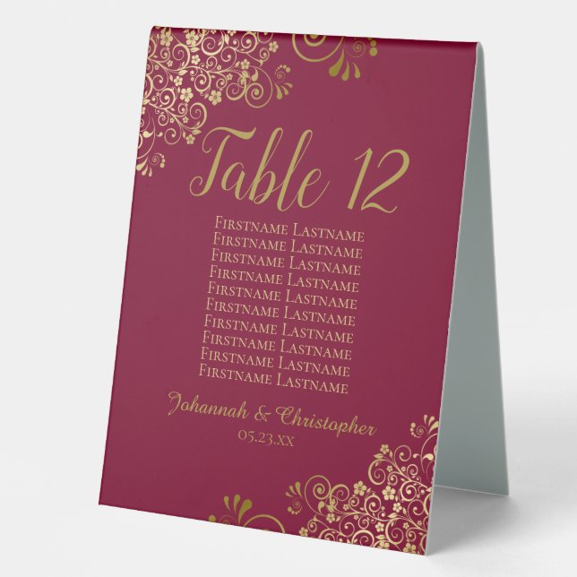 Burgundy & Gold Wedding Table Number Seating Chart (Front)