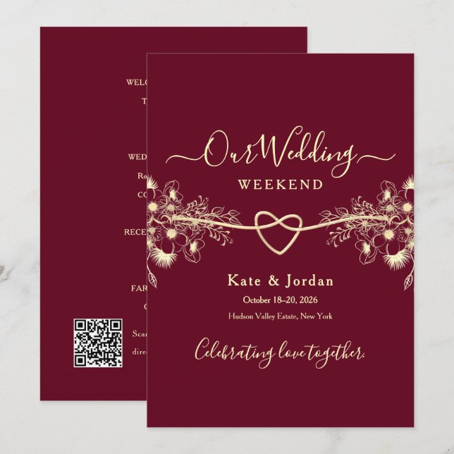 Burgundy Gold Wedding Weekend Itinerary Card (Front/Back)