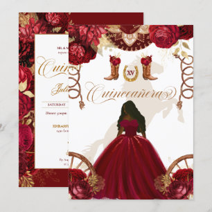 Burgundy Gold Western Charro 2-Sided Quinceanera I Invitation