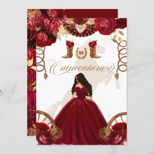 Burgundy Gold Western Charro 2-Sided Quinceanera Invitation