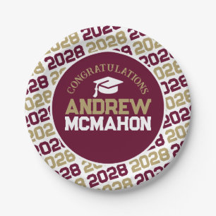 Burgundy, Gold & White Graduation Personalised Paper Plate