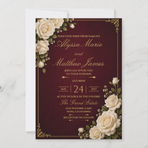 Burgundy & Gold White Rose Wedding Invitation