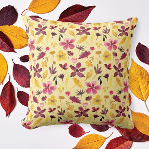 Burgundy Gold Wildflower Watercolor Pattern Cushion
