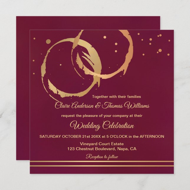 Burgundy Gold Wine Stain Rings Wedding Invitation (Front/Back)