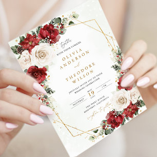 Burgundy Gold Winter Floral Wedding Invitation