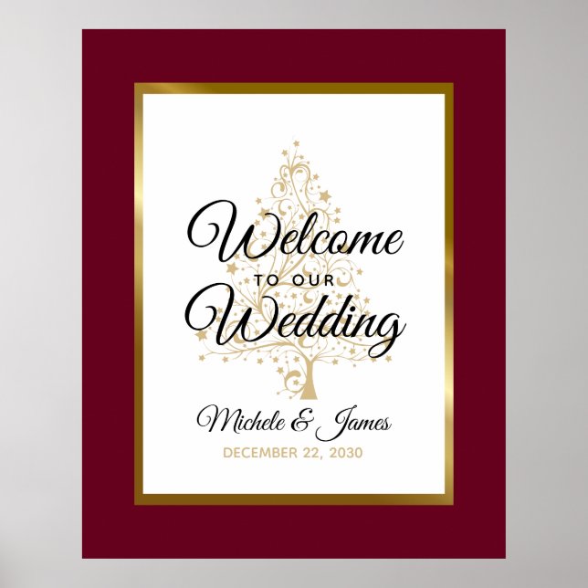 Burgundy Gold Winter Holiday Wedding Welcome Poster (Front)