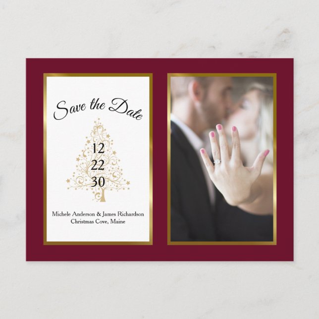 Burgundy Gold Winter Wedding Save The Date Photo Announcement Postcard (Front)