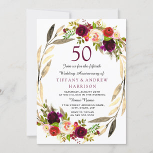 Burgundy Gold Wreath 50th Wedding anniversary Invitation