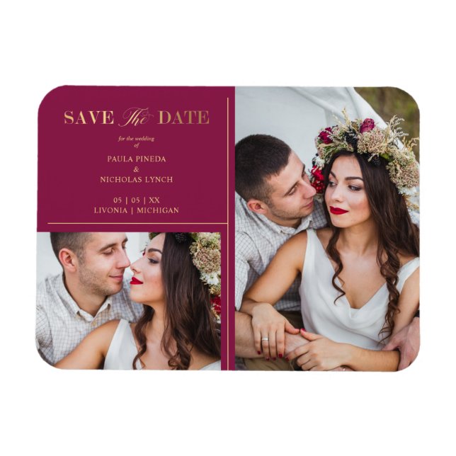 Burgundy Golden 2 Photos Minimalist Wedding Date Magnet (Horizontal)