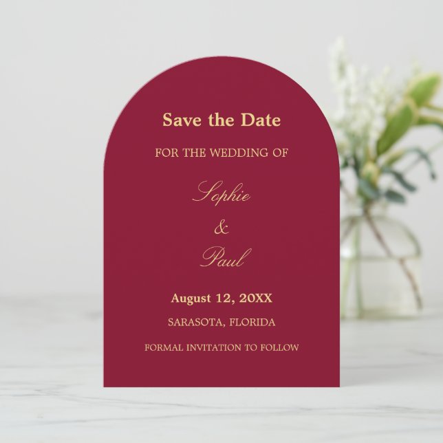 Burgundy Golden Beige Script Arch Save the Date (Standing Front)
