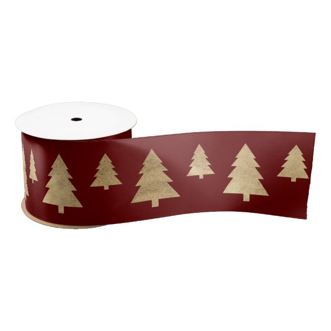 Burgundy Golden Christmas Tree Holidays Satin Ribbon (Spool)