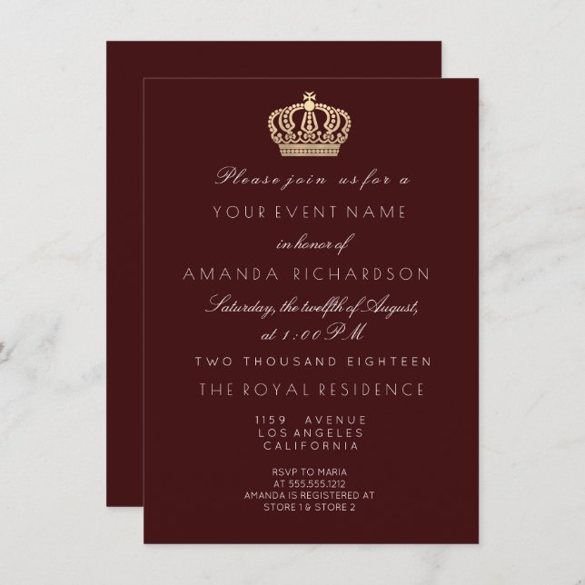 Burgundy  Golden Crown Royal Glitter 16th Bridal Invitation (Front/Back)